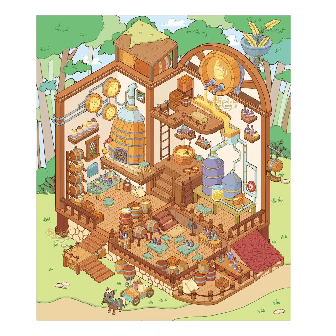 Illustration of a wooden house with various rooms and activities in a forest setting