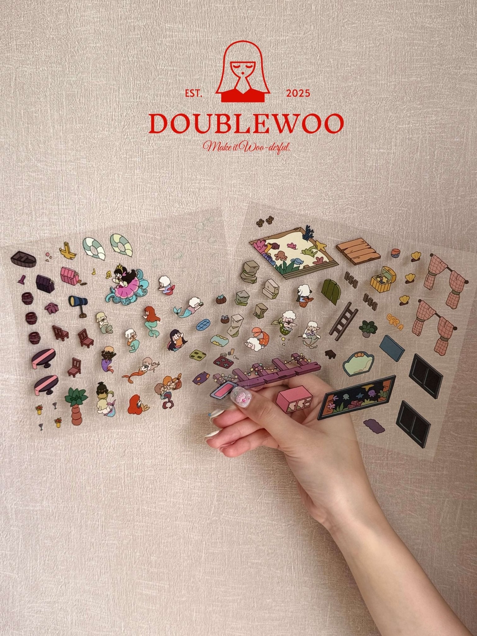 Doublewoo Mermaid Party PET scenery sticker sheets – whimsical decorative stickers featuring mermaids, sea-themed furniture, party elements, and cute characters for journaling, scrapbooking, and underwater scene building.