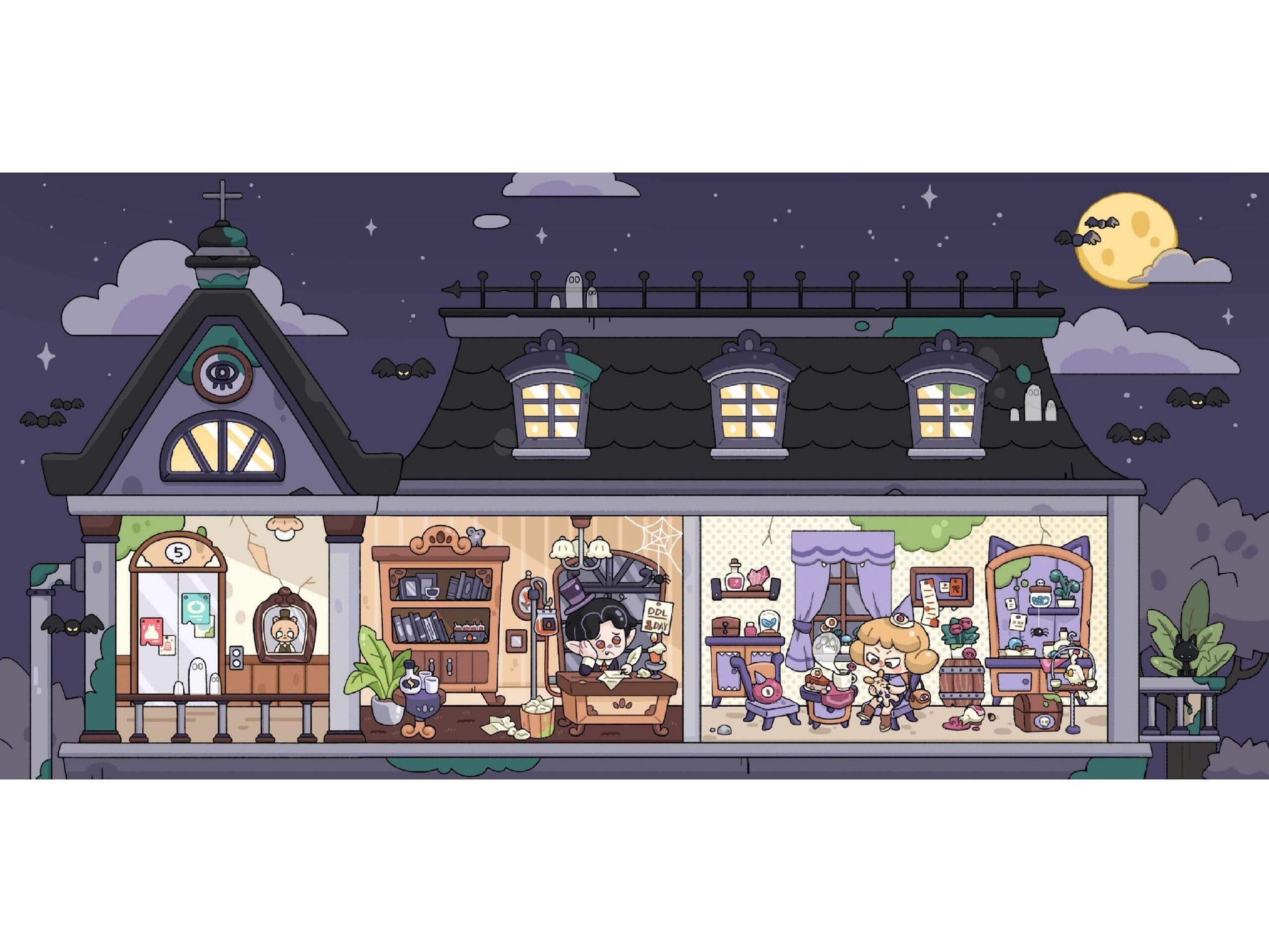 Cartoon-style house with characters inside at night