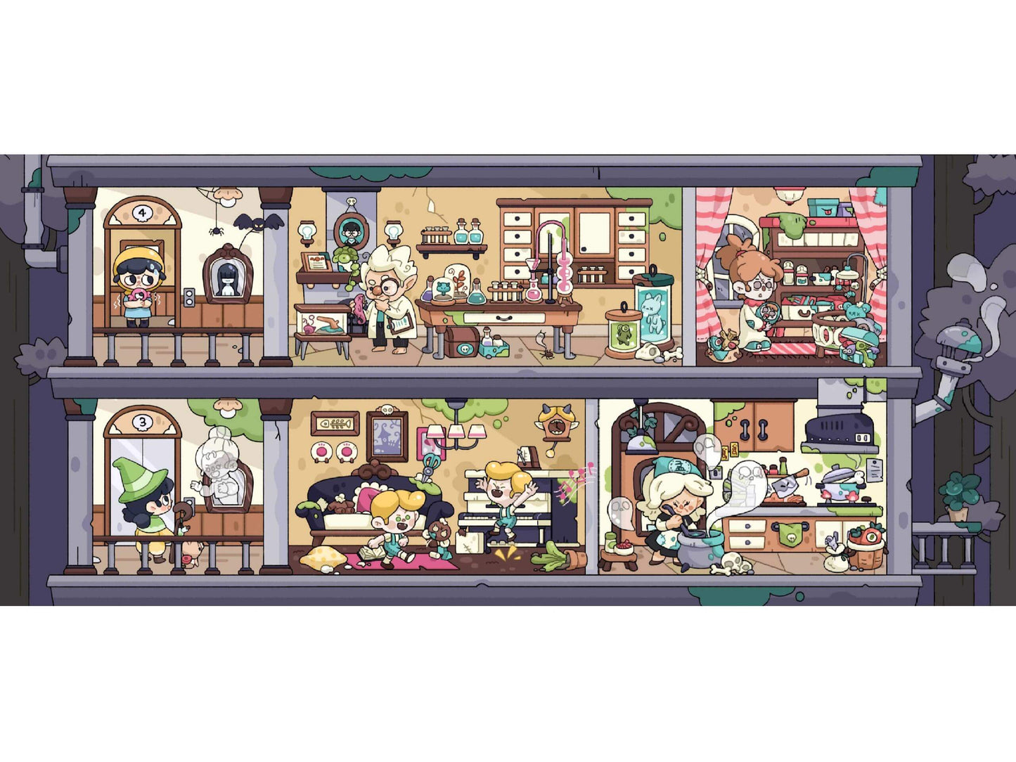 Cartoon-style interior of a cafe with characters and furniture
