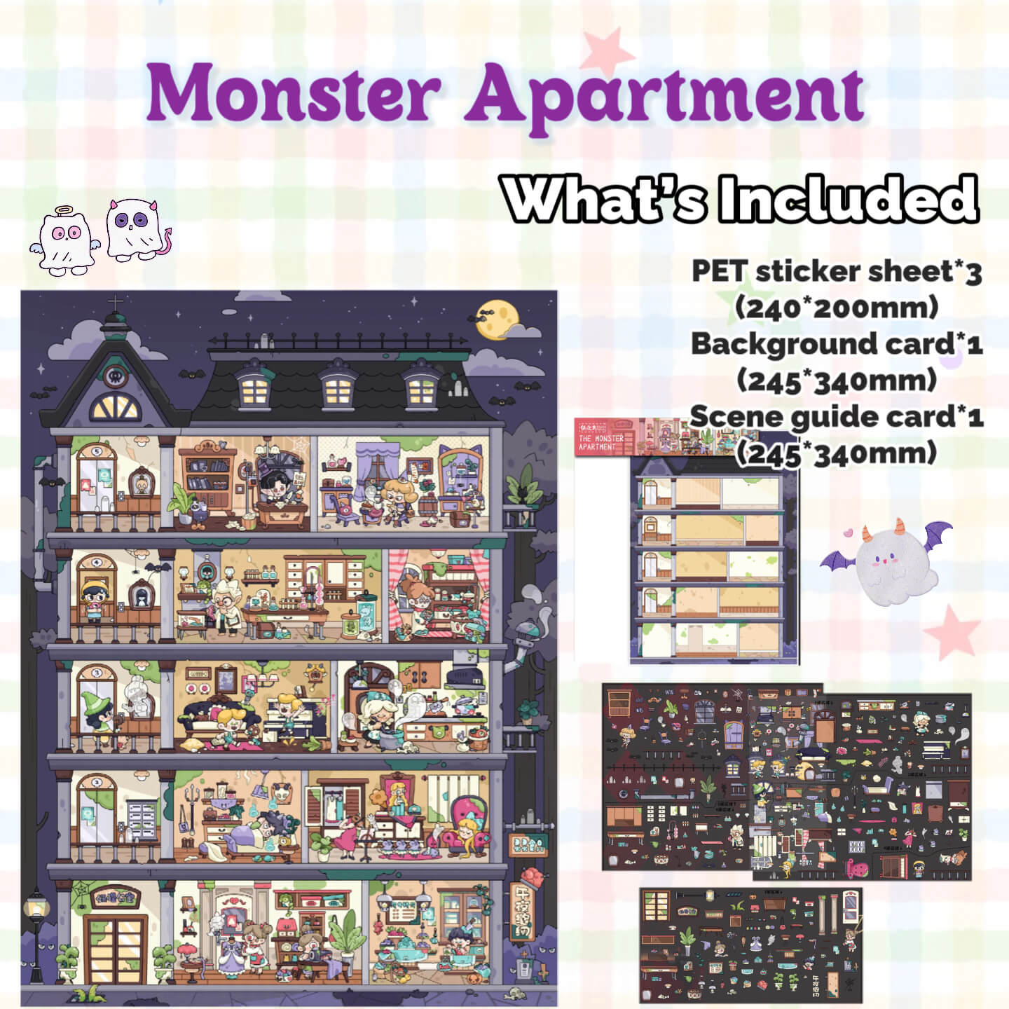 Monster Apartment set with pet sticker sheet, background card, and scene guide card on a colorful background.