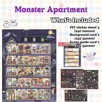 Monster Apartment set with pet sticker sheet, background card, and scene guide card on a colorful background.