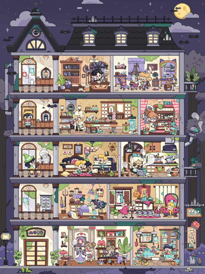 Illustration of a multi-story dollhouse with various rooms and characters inside.