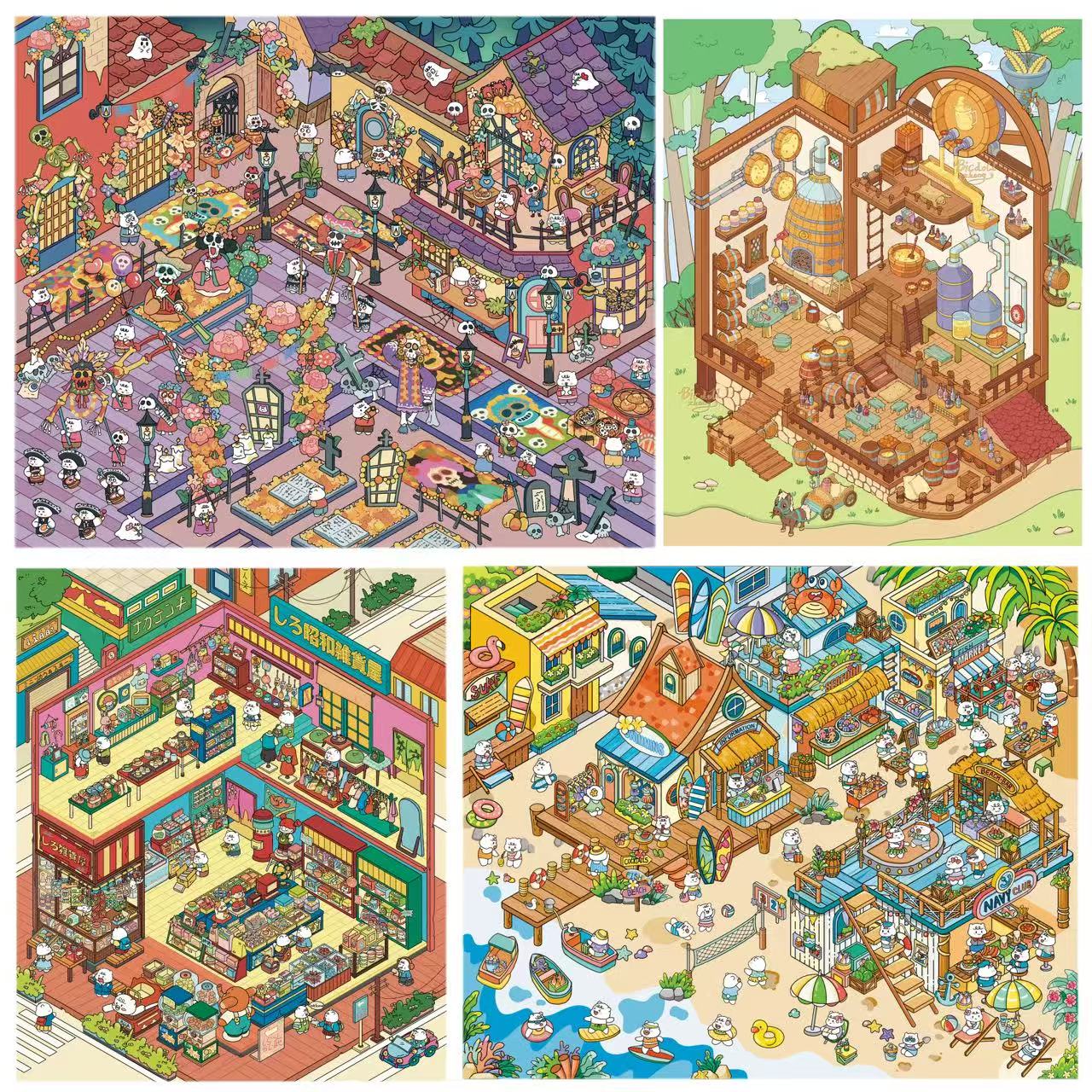 Four colorful illustrations of different scenes, including a town square, a bakery, a beach, and a market.