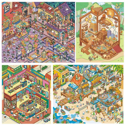 Four colorful illustrations of different scenes, including a town square, a bakery, a beach, and a market.