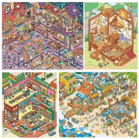 Four colorful illustrations of different scenes, including a town square, a bakery, a beach, and a market.
