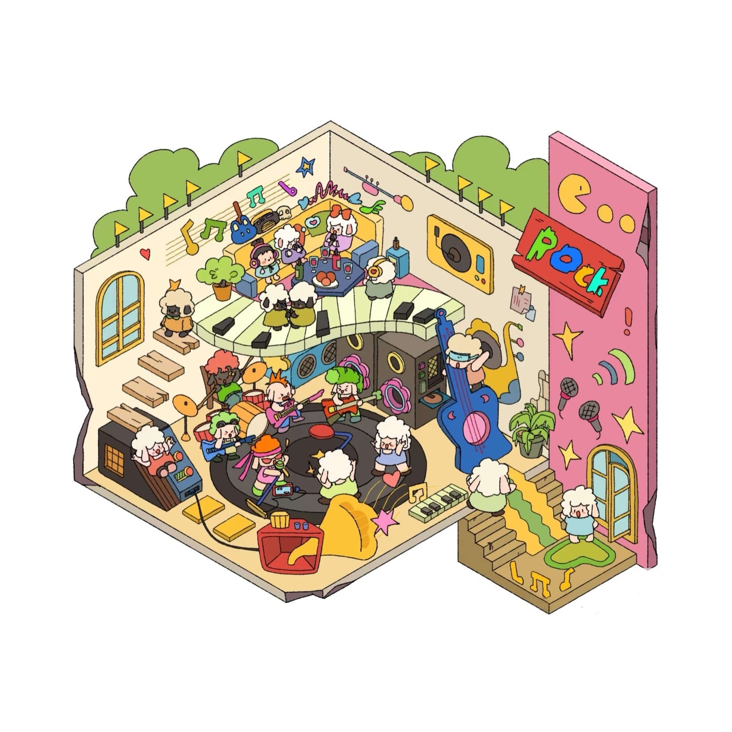 Doublewoo Hey Boo Series Music Hut scenery sticker set – a lively music-themed scene created with stickers featuring musicians, musical notes, piano keys, drums, saxophone, guitar, stage, and sound equipment, perfect for journaling and scrapbooking.