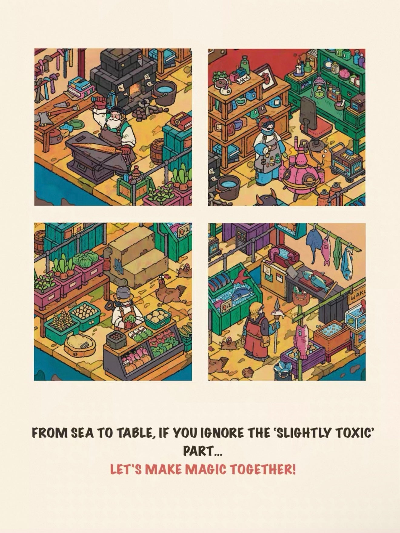 Detailed close-up of the New Civilization Scene from WakuWaku 3.0, showing magical market stalls, potion brewing, seafood 