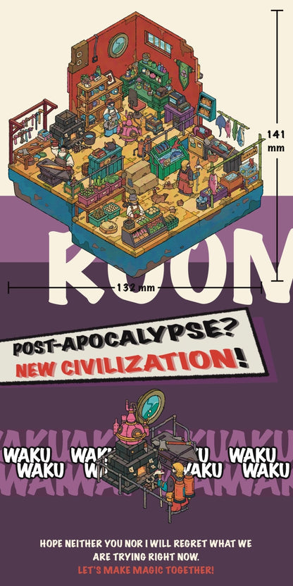 Finished scene of New Civilization with measurement guide – assembled sticker layout featuring market tools and red building with visible size markers