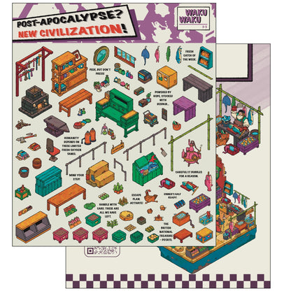 PET sticker sheets for WakuWaku  New Civilization scene sticker – includes blacksmith tools, potions, market stalls, and character cut-outs