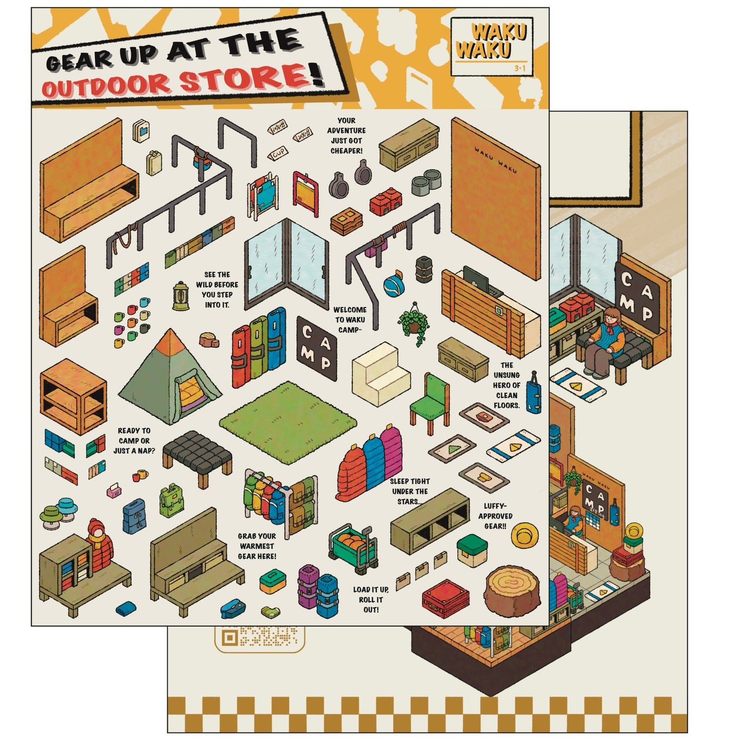 PET sticker sheets for WakuWaku Outdoor Store scene sticker– features camping gear, sleeping bags, shelves, and cozy outdoor-themed props