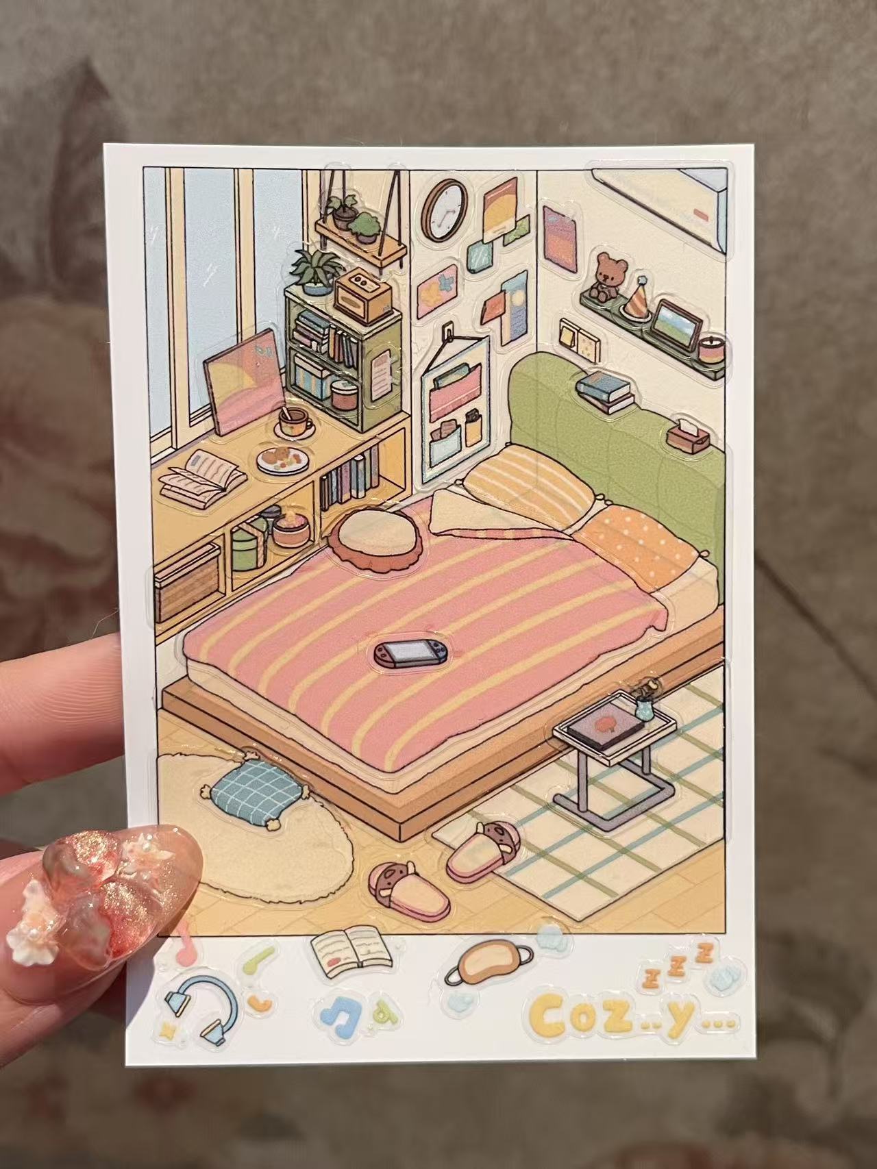 Illustration of a cozy bedroom with a bed, desk, and shelves.