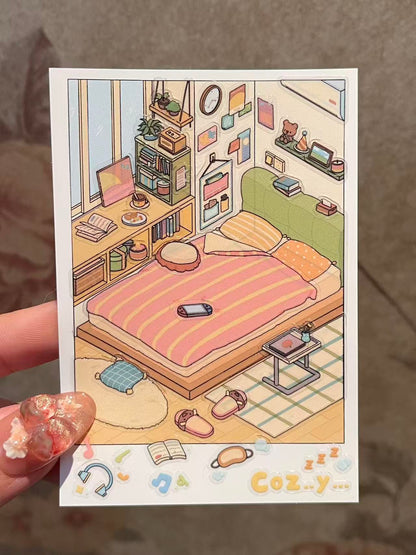 Illustration of a cozy bedroom with a bed, desk, and shelves.