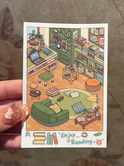 Illustration of a cozy living room with books and furniture, held by a hand.