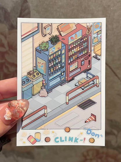 Illustration of a retro-style convenience store with a hand holding it.