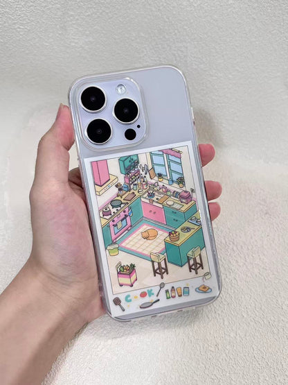 Phone case with a colorful kitchen illustration held by a hand against a light gray background