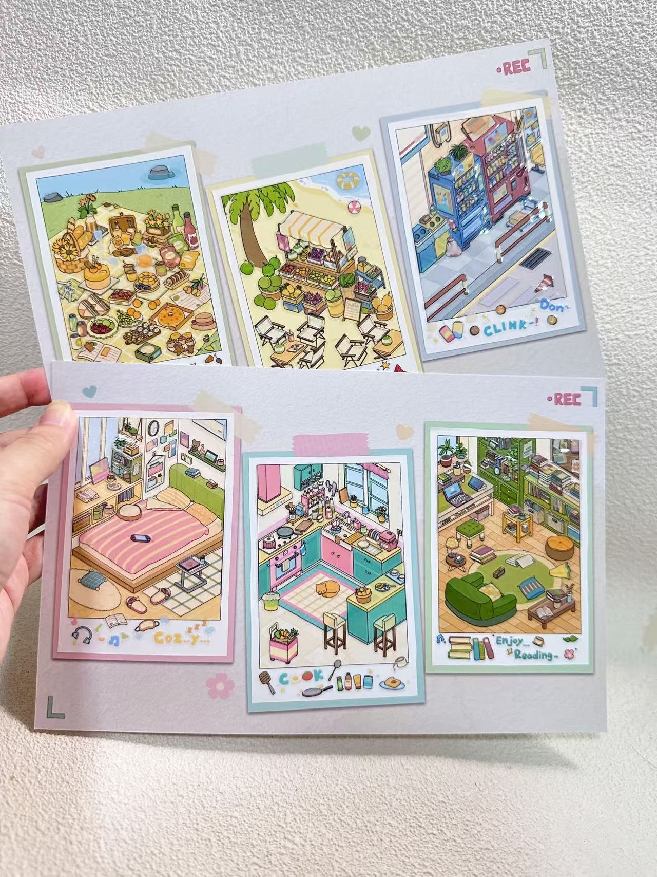 Set of illustrated cards depicting different rooms and activities on a white background.
