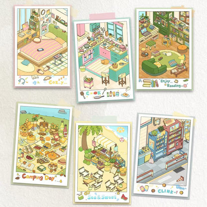 Set of six colorful illustrations of different indoor and outdoor scenes on a light background.