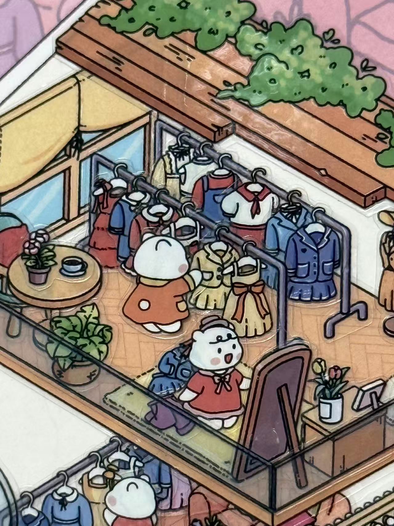 Close-up of dress-up room in PHOTO STUDIO sticker scene – detailed PET stickers with outfit racks and mirror