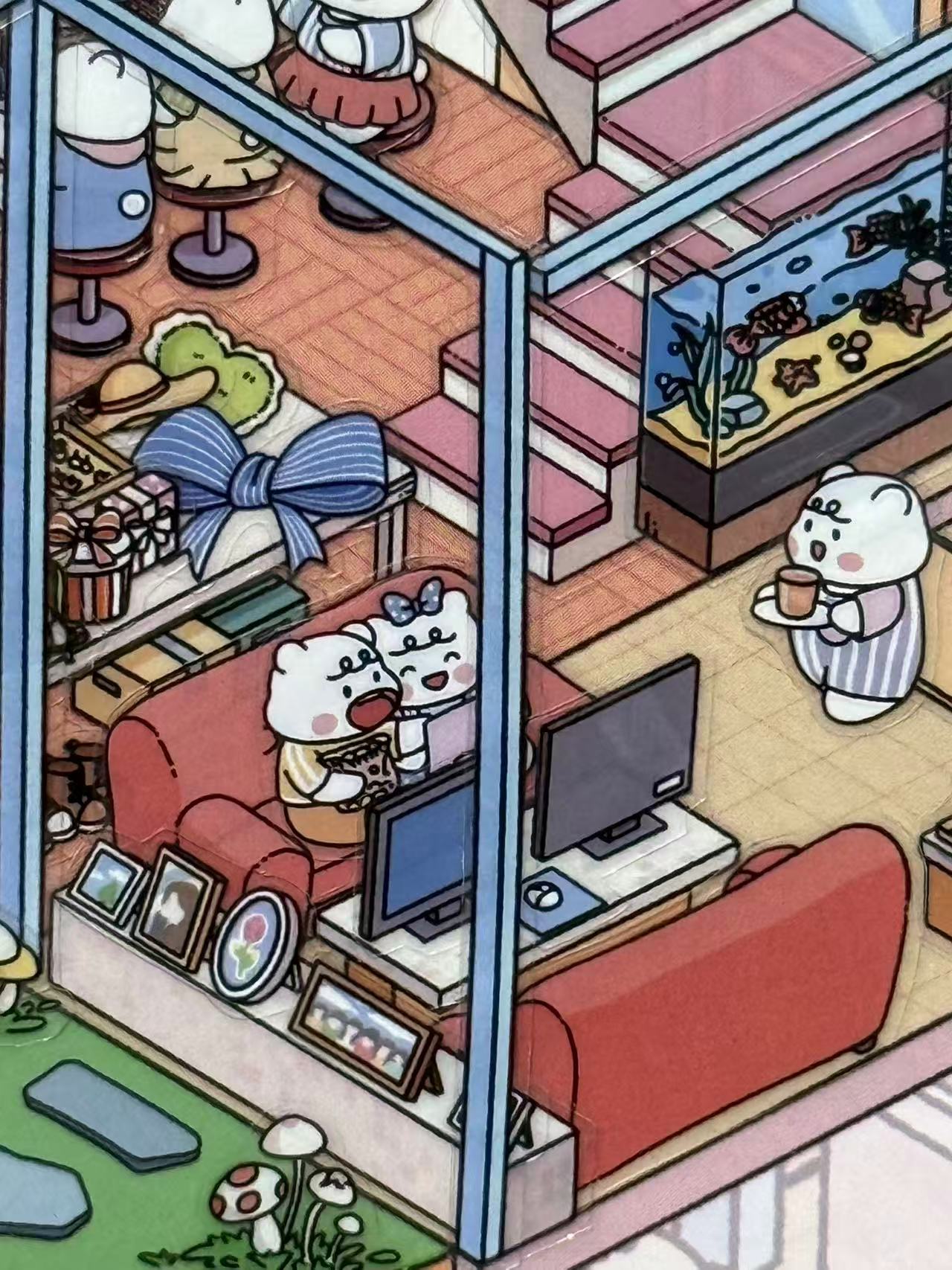 Zoomed-in view of living room and fish tank in PHOTO STUDIO scene – characters watching TV with cozy interior