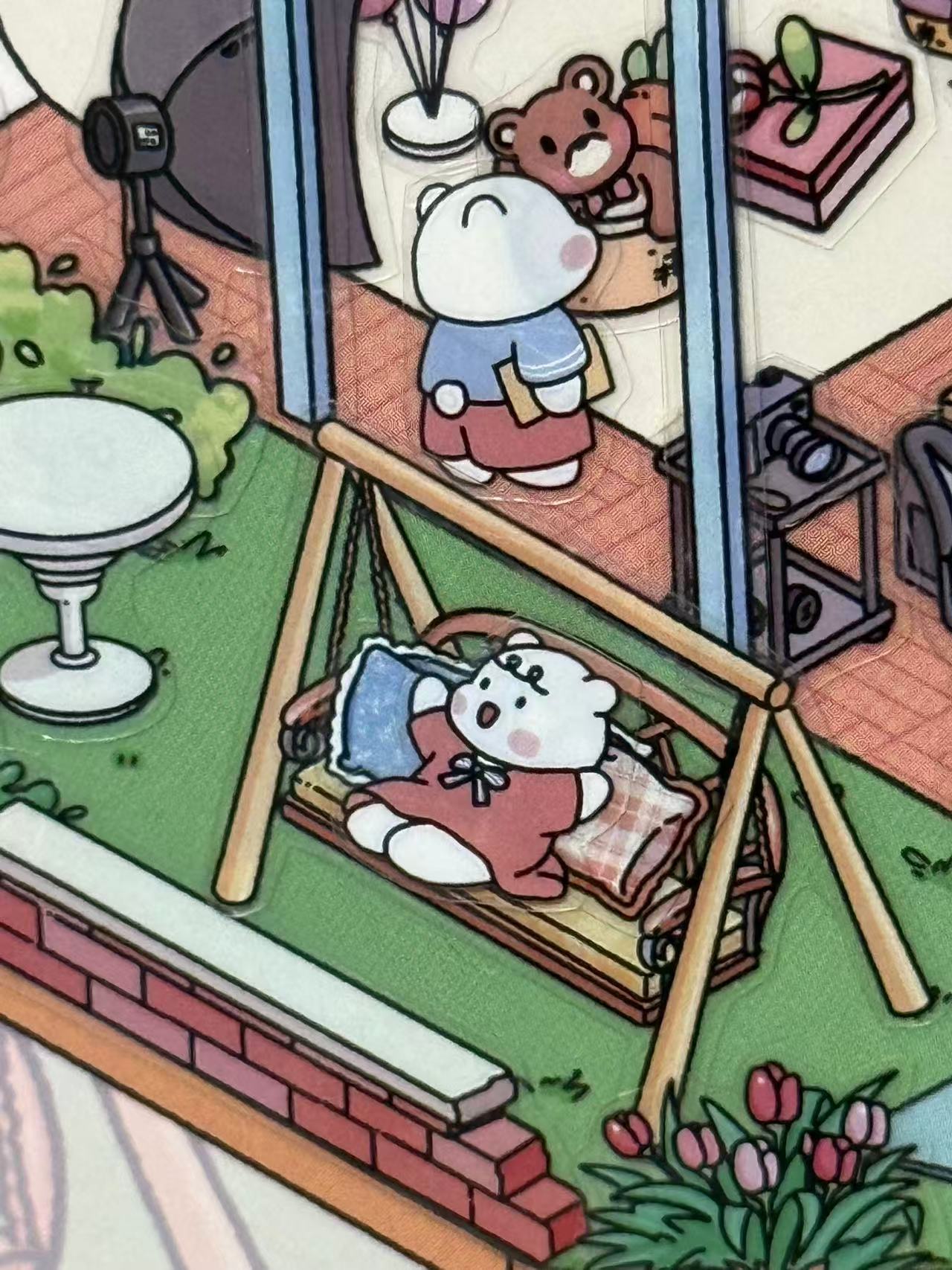 Close-up of garden swing and floral details in PHOTO STUDIO scenery sticker – relaxing outdoor element with tulips and character
