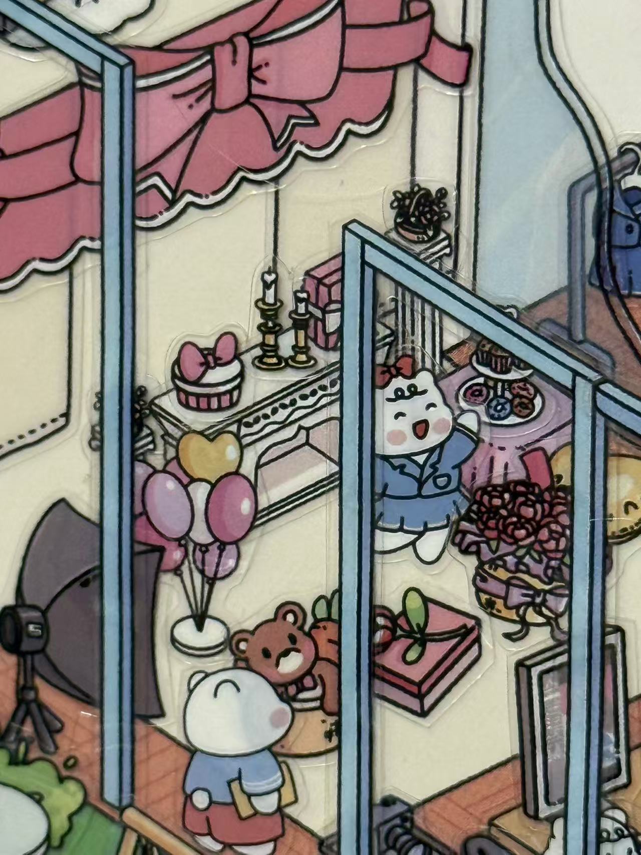 Detailed view of gift corner and photo shoot props – featuring balloons, teddy bear, and mini furniture in PHOTO STUDIO scene