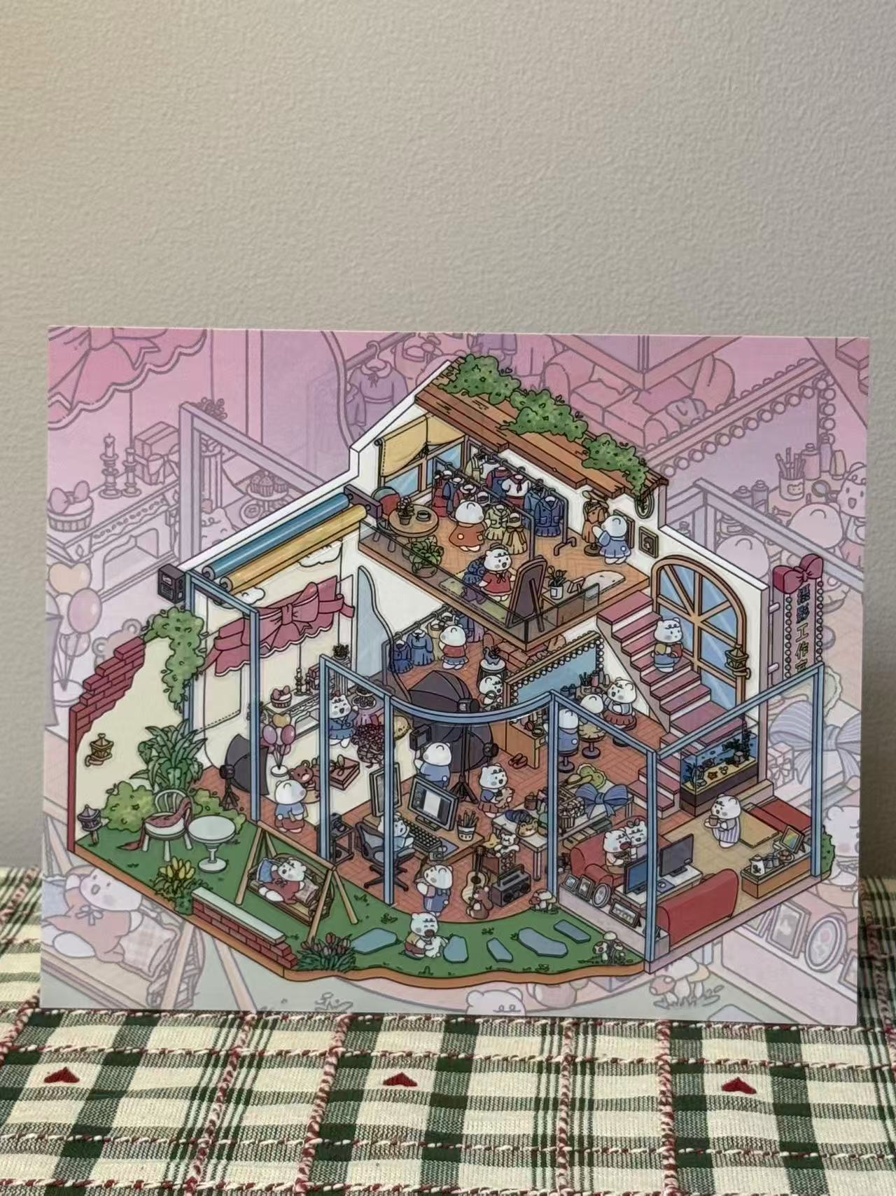 Real-life photo of completed PHOTO STUDIO scenery sticker – DIY assembled scene card with layered PET stickers