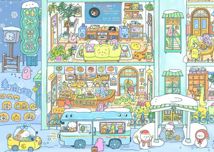 Colorful illustration of a snowy town with various shops and characters.