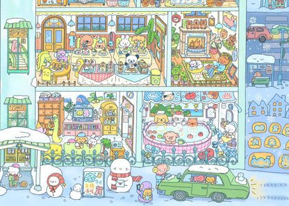 Illustrated city scene with various buildings and activities