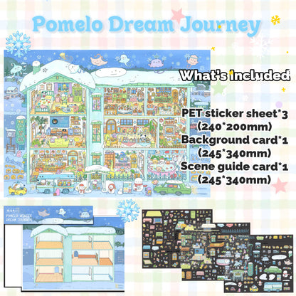 Pomelo Dream Journey product set with PET sticker sheet, background card, and scene guide card on a colorful background.