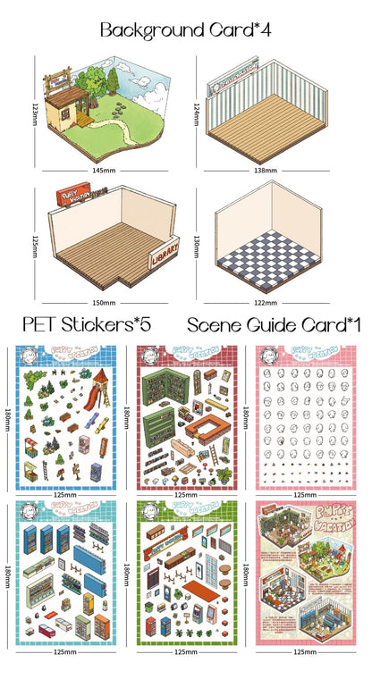 DOUBLEWOO Puppy Vacation 1.0 scene sticker cludes 4 background cards，1 Scene Guide Card and 5 PET stickers