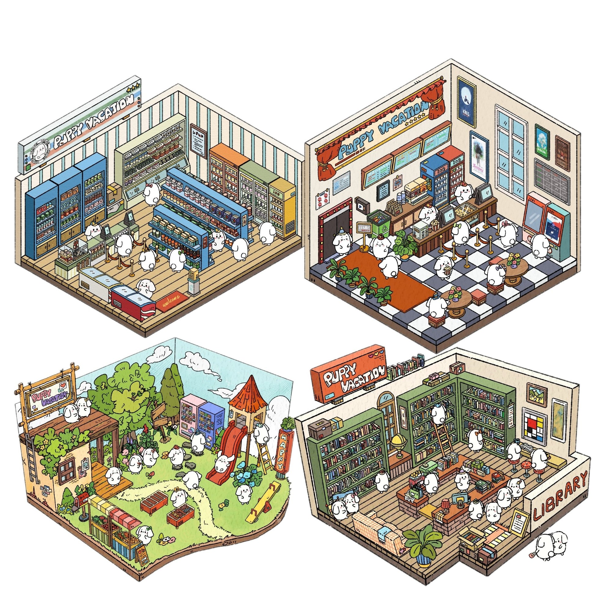 Puppy Vacation 1.0 scenery sticker set – cinema, library, park and store in one bundle – DOUBLEWOO