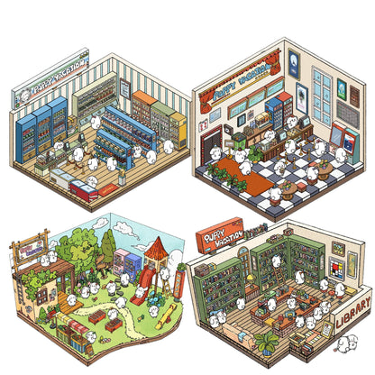 Puppy Vacation 1.0 scenery sticker set – cinema, library, park and store in one bundle – DOUBLEWOO