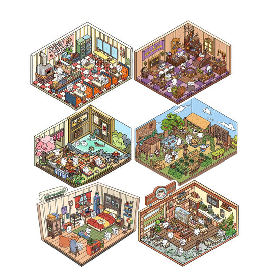Puppy Vacation 2.0 scenery sticker bundle – cafe, pizzeria, farm, bedroom, hot spring and magic house – DIY sticker set at DOUBLEWOO