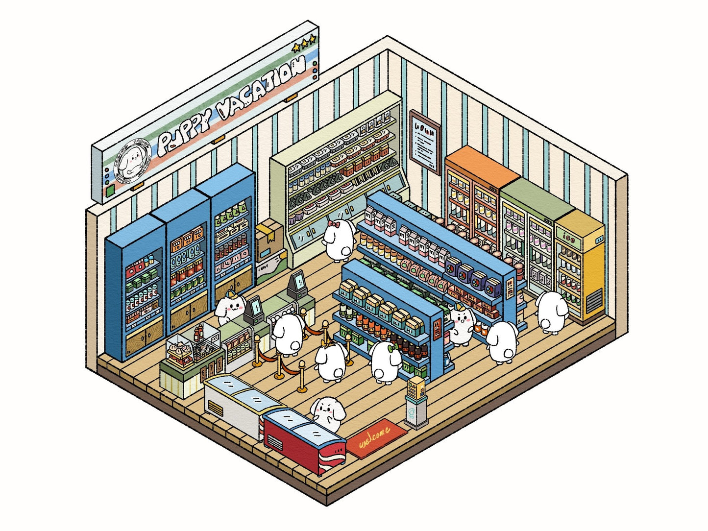 Puppies shopping in a mini convenience store – adorable journaling stickers