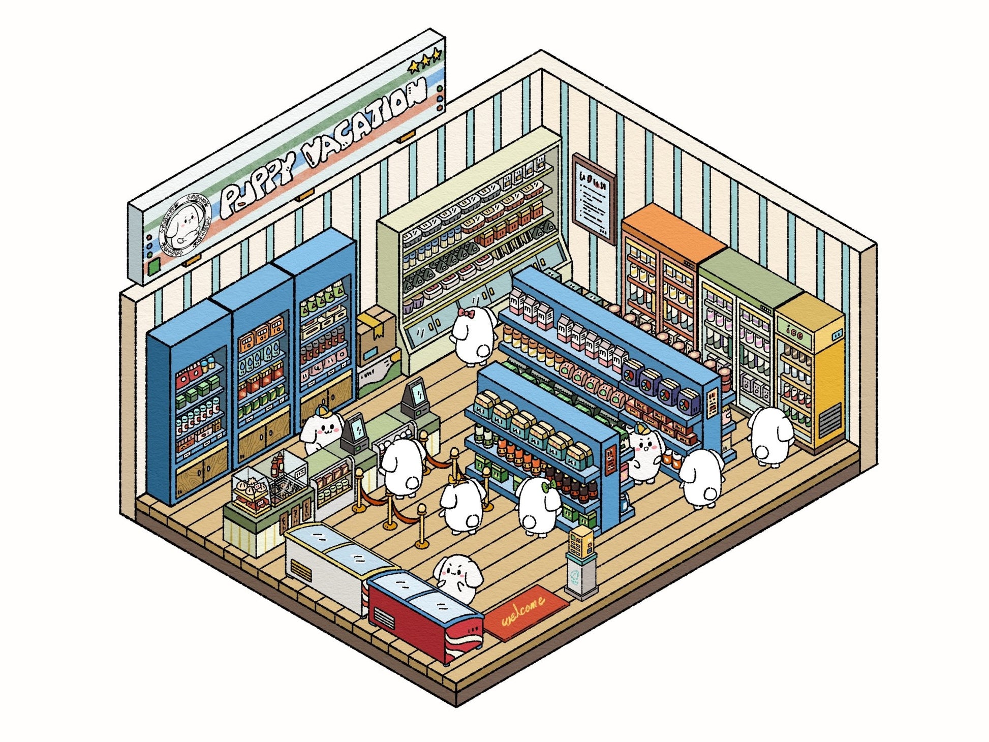 Puppies shopping in a mini convenience store – adorable journaling stickers