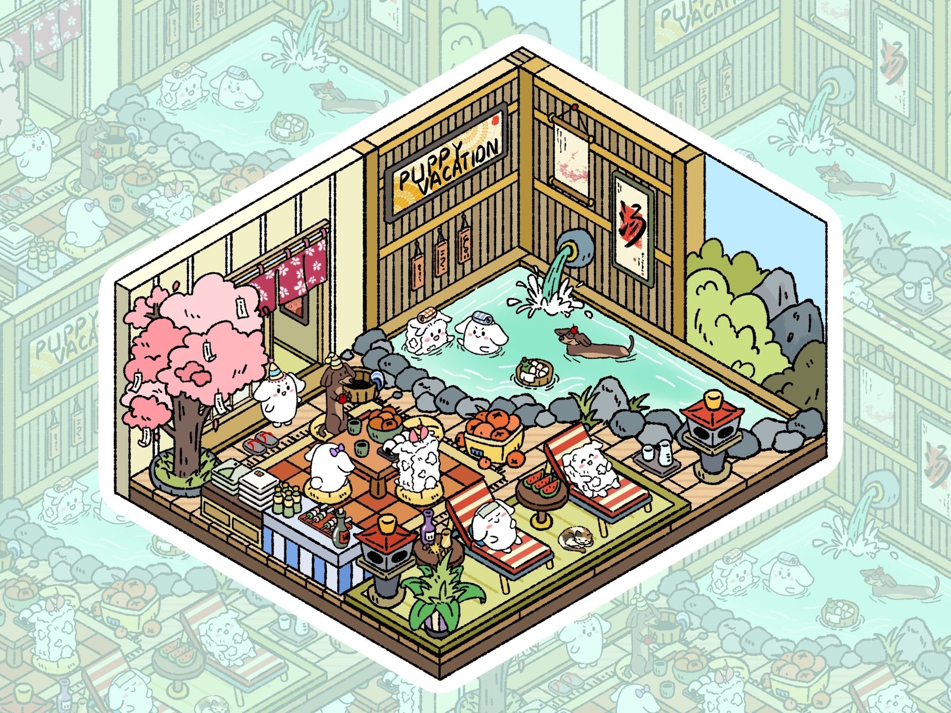 DOUBLEWOO Puppy hot spring DIY sticker – spa and wellness theme