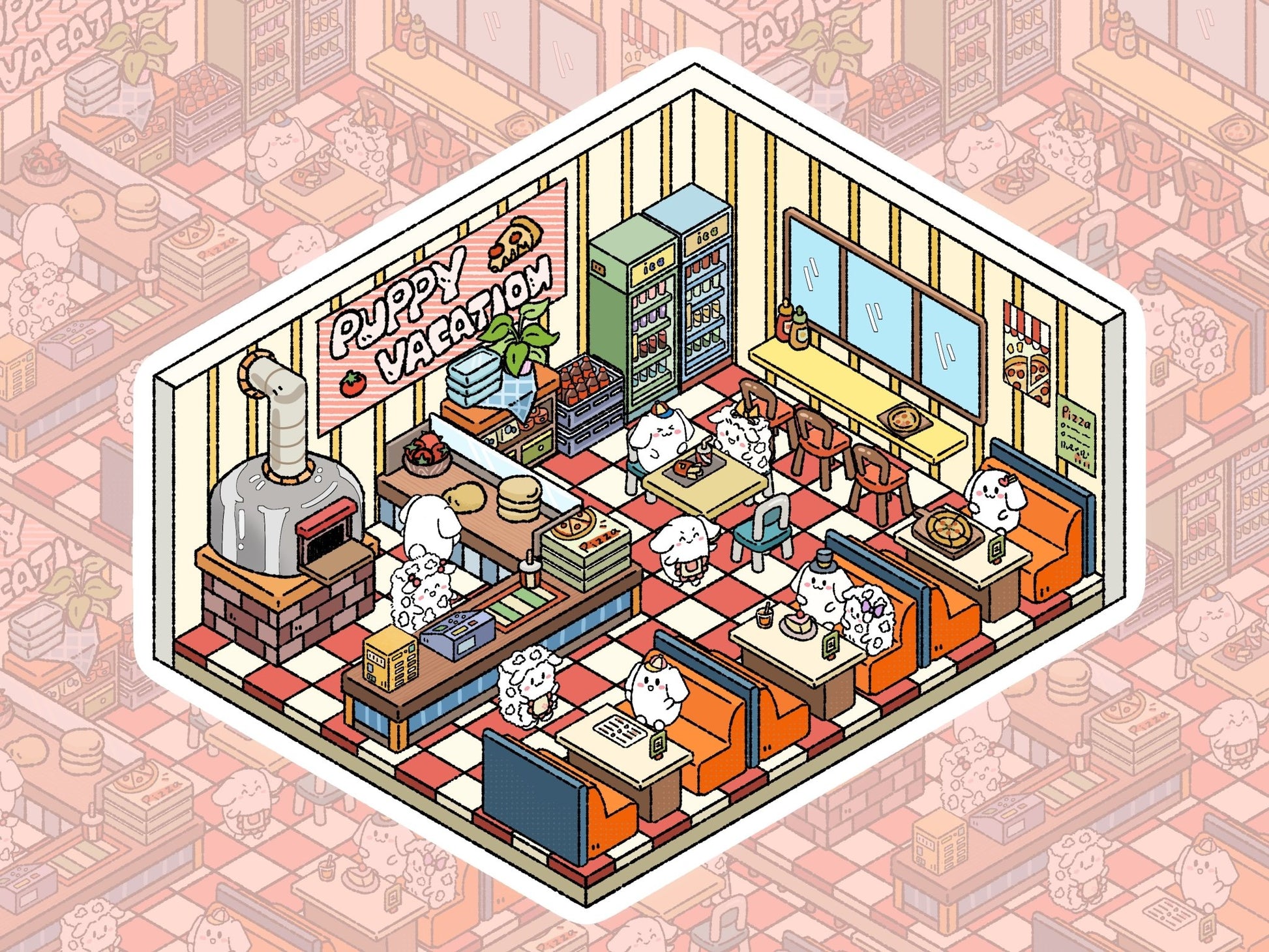 Puppies eating pizza in cozy pizzeria – cute food-themed scenery sticker