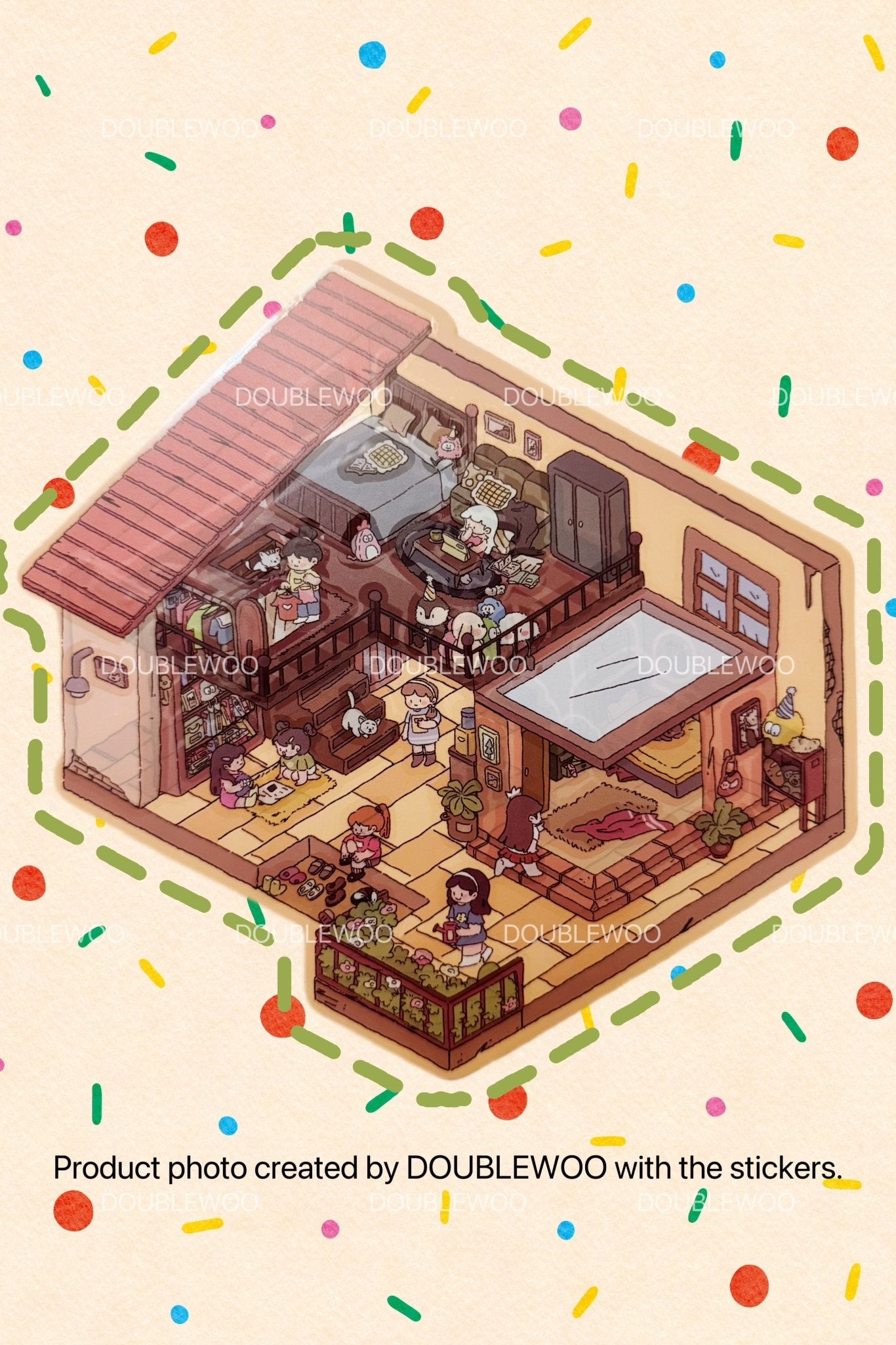 Assembled sticker scene showing a retro-style house with vintage furniture, classic decor, and playful party details.