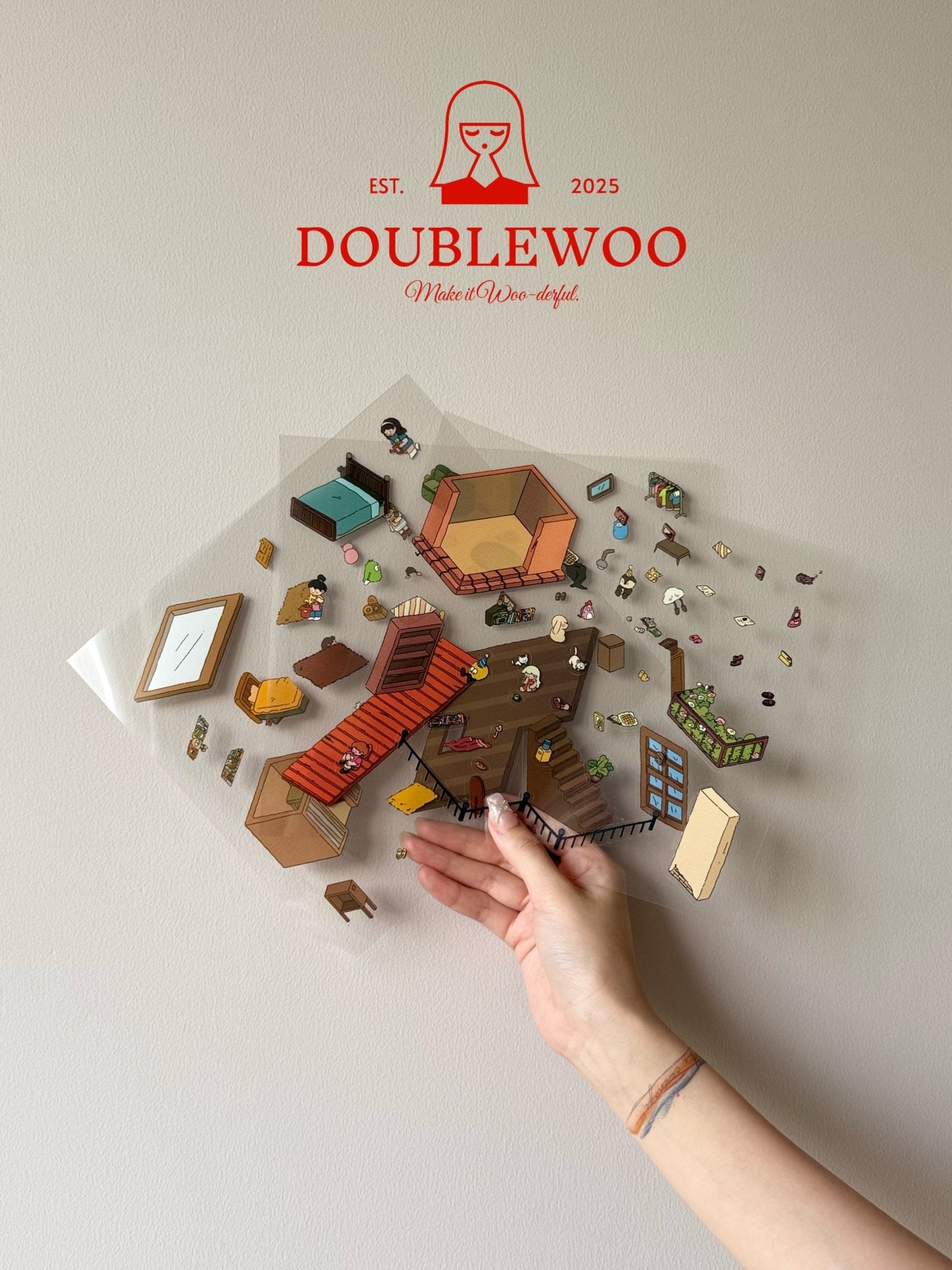  Transparent PET sticker sheet with vintage-style furniture, staircases, lamps, and playful retro-themed characters held against a light wall background.