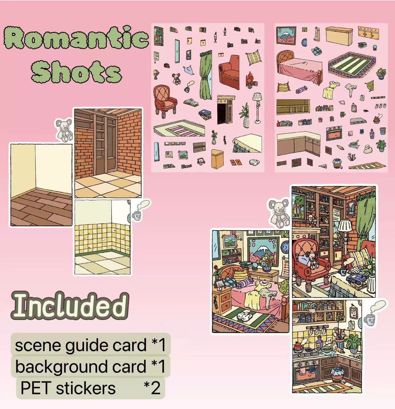 Romantic Shots scenery sticker contents – includes room background variations and PET stickers for cozy interior moments: bedroom, kitchen, and lounge corners