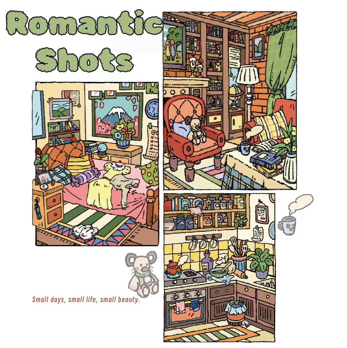 Romantic Shots scenery sticker – intimate snapshots of daily life including bedroom, kitchen, and reading nook full of personal charm