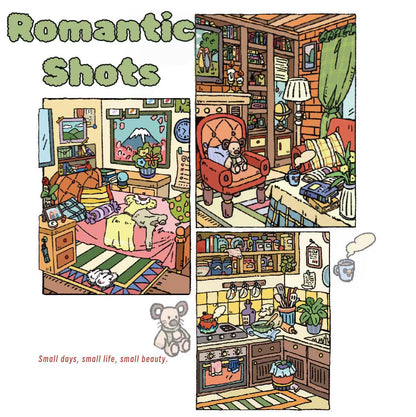 Romantic Shots scenery sticker – intimate snapshots of daily life including bedroom, kitchen, and reading nook full of personal charm