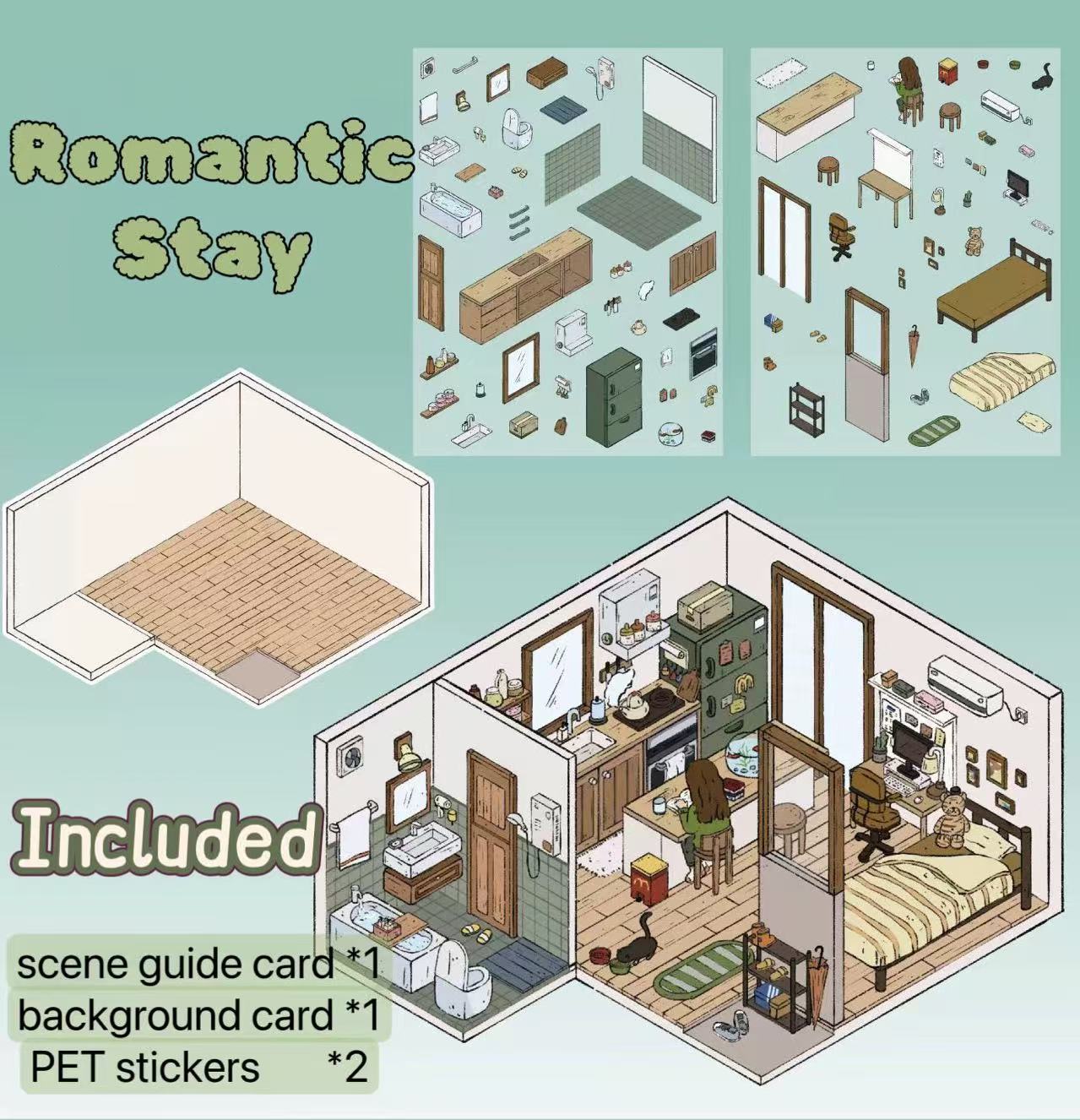 Romantic Stay scenery sticker contents – PET sticker sheets and background card with kitchen, bathroom, bedroom furniture and daily living essentials