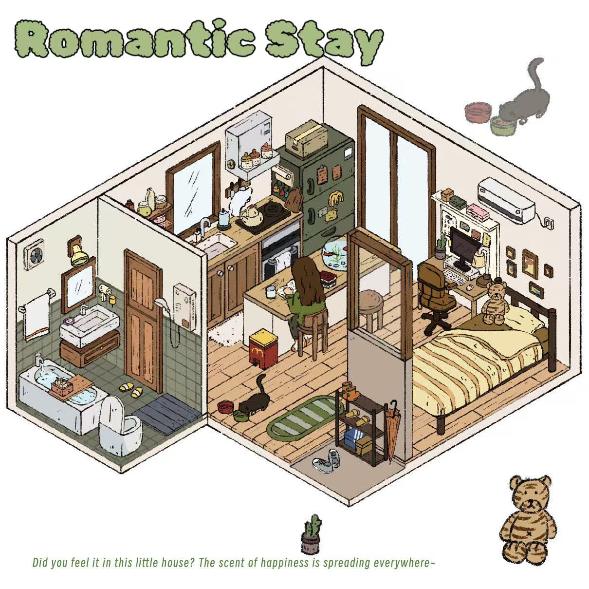 Romantic Stay scenery sticker – small apartment interior featuring a lived-in kitchen, bedroom, and study corner with warm tones