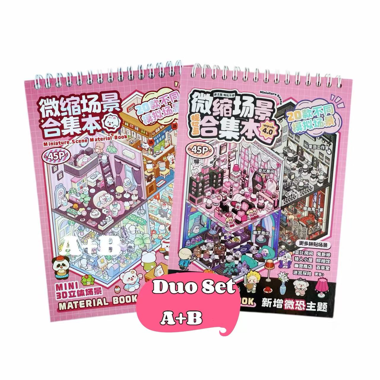 Two pink material books with cartoon illustrations on a white background