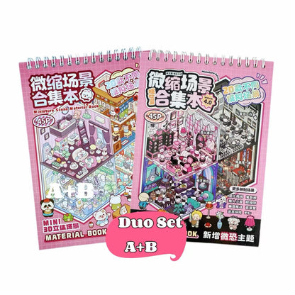 Two pink material books with cartoon illustrations on a white background