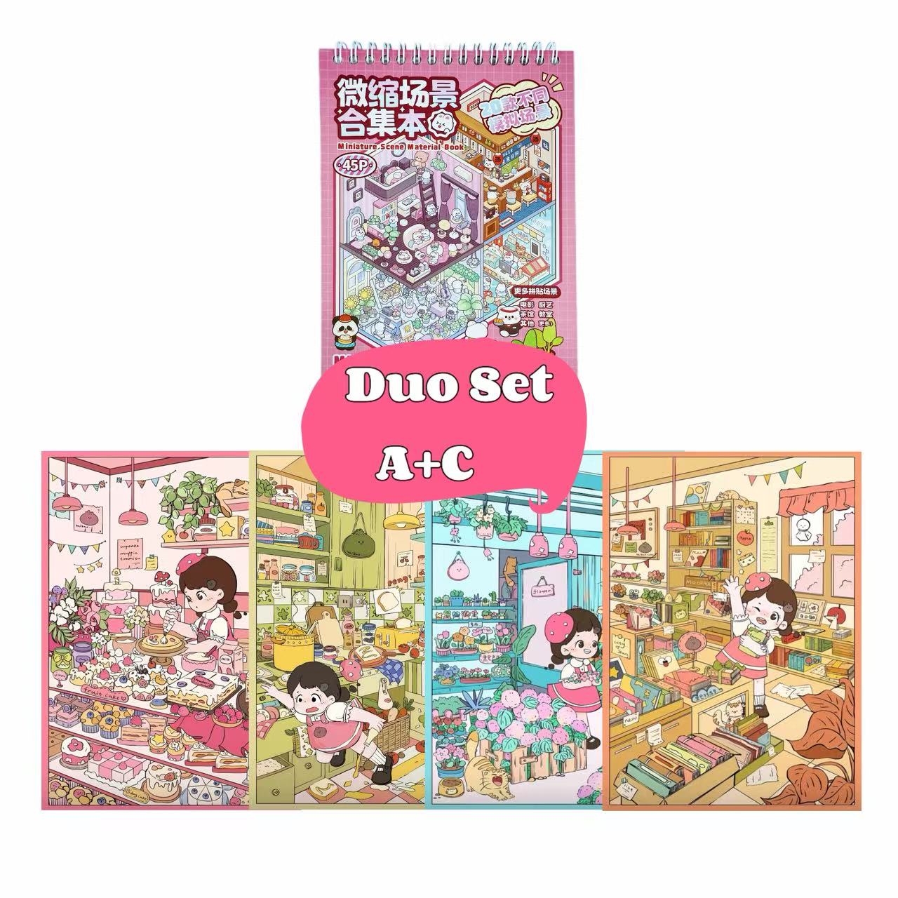 Illustrated duo set with characters in a store setting on a pink background