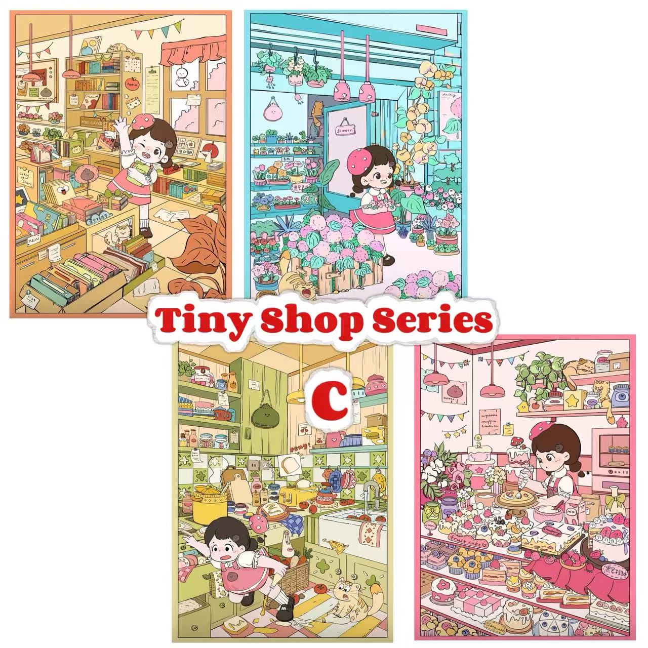 Illustrations of a girl in a store with 'Tiny Shop Series' text.