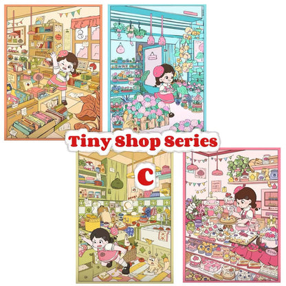 Illustrations of a girl in a store with 'Tiny Shop Series' text.